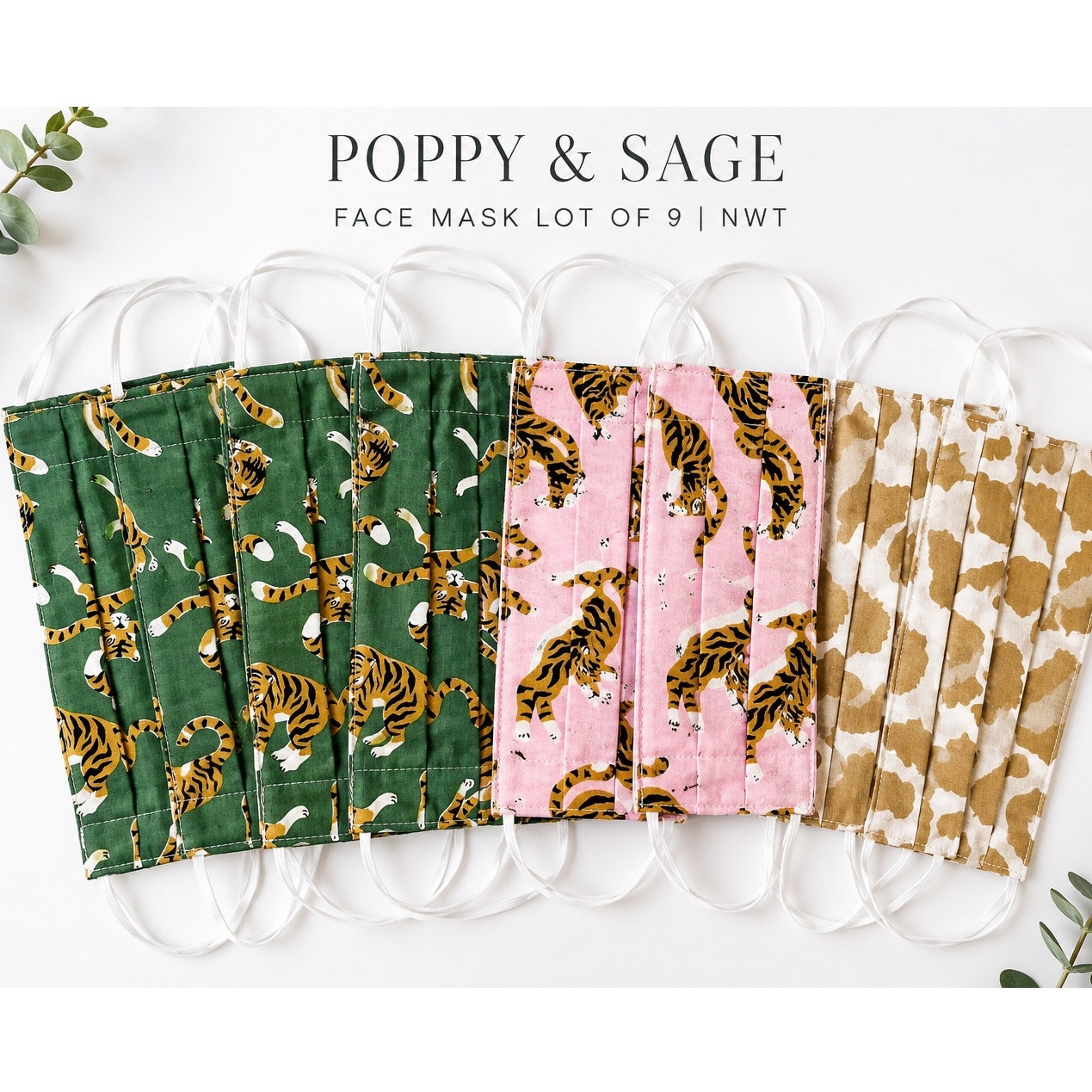 Poppy & Sage Reusable Face Mask Lot Of 9 Nwt Cotton Tiger Leopard Animal Print
